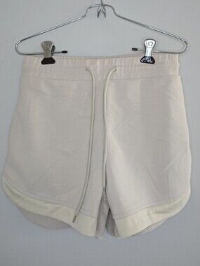 HALARA Beige High Waist Drawstring Mesh-Trim Athletic Shorts - NEW